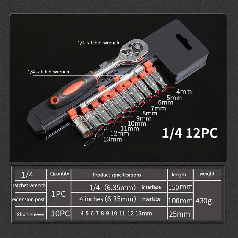 12pcs Socket Ratchet Handle Wrench Set - 1/4, 3/8, 1/2 Spanner Kit with Extension Rod for Car Repair