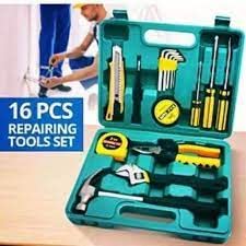 16 Pcs Hardware Tool Set Kit - Complete Tool Box with Screwdriver, Plier, Hammer, Measuring Tape & More