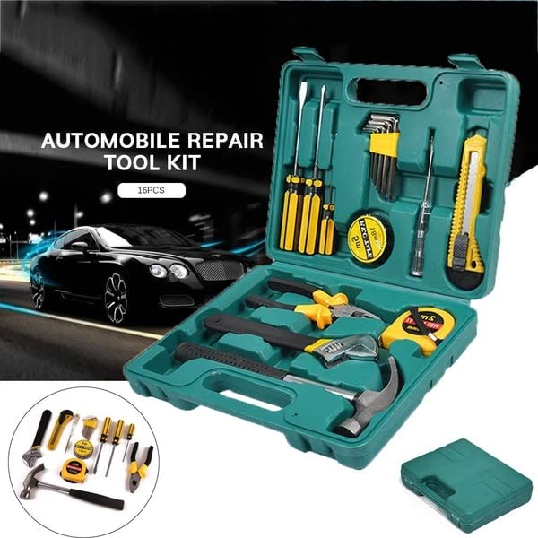 16 Pcs Hardware Tool Set Kit - Complete Tool Box with Screwdriver, Plier, Hammer, Measuring Tape & More