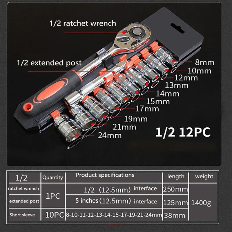 12pcs Socket Ratchet Handle Wrench Set - 1/4, 3/8, 1/2 Spanner Kit with Extension Rod for Car Repair