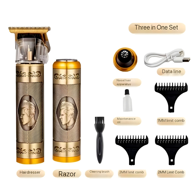 3-In-1 Vintage Grooming Set - USB Rechargeable Hair Clipper, Shaver & Nose Trimmer for Men