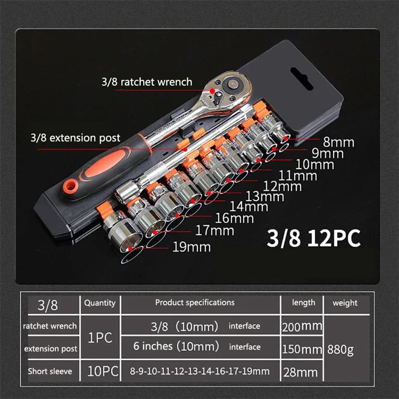 12pcs Socket Ratchet Handle Wrench Set - 1/4, 3/8, 1/2 Spanner Kit with Extension Rod for Car Repair